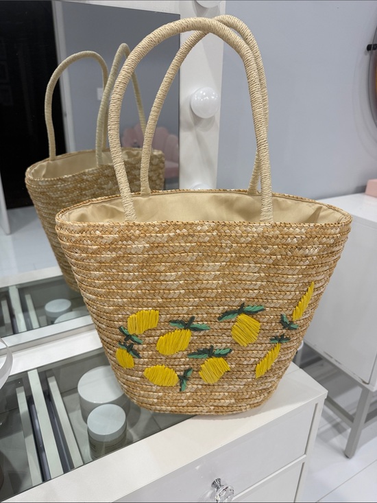 Handbags - Straw Tote Bag with Yellow Lemon Embroidery